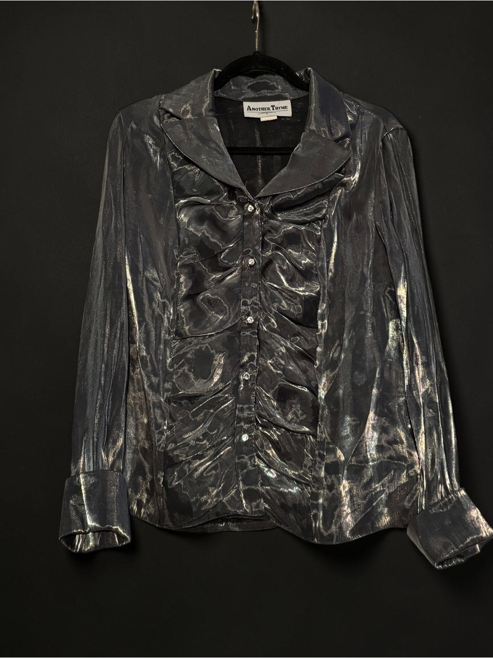 Another Tomorrow Shimmery Gray Ruffle-Front Blouse